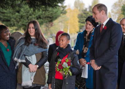 The Duke of Cambridge meets Brent teacher Oweda Harrison and her pupils in Willesden Cemetery where they are laying flowers for the Living Memory project to remember a Commonwealth War Grave from the First World War.