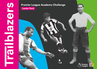 The cover of the Trailblazers resource pack featuring archive photographs of three of the league’s first Black players, Walter Tull, Cyril Regis and Brendon Batson against a bright background.